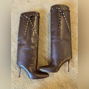 Boots From Valentino - US - 9- Brown Leather Rockstud Tie Foldover Knee High.